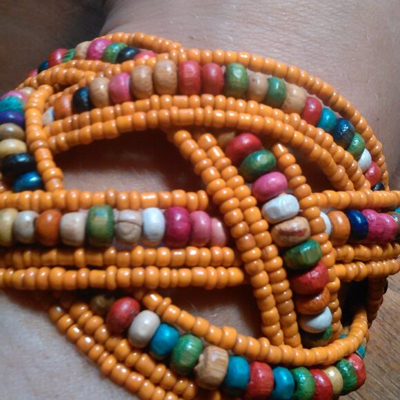 Orange Seed Bead and Multi-Color Bead Twisted Weave Cuff Bracelet - Picture 7 of 8